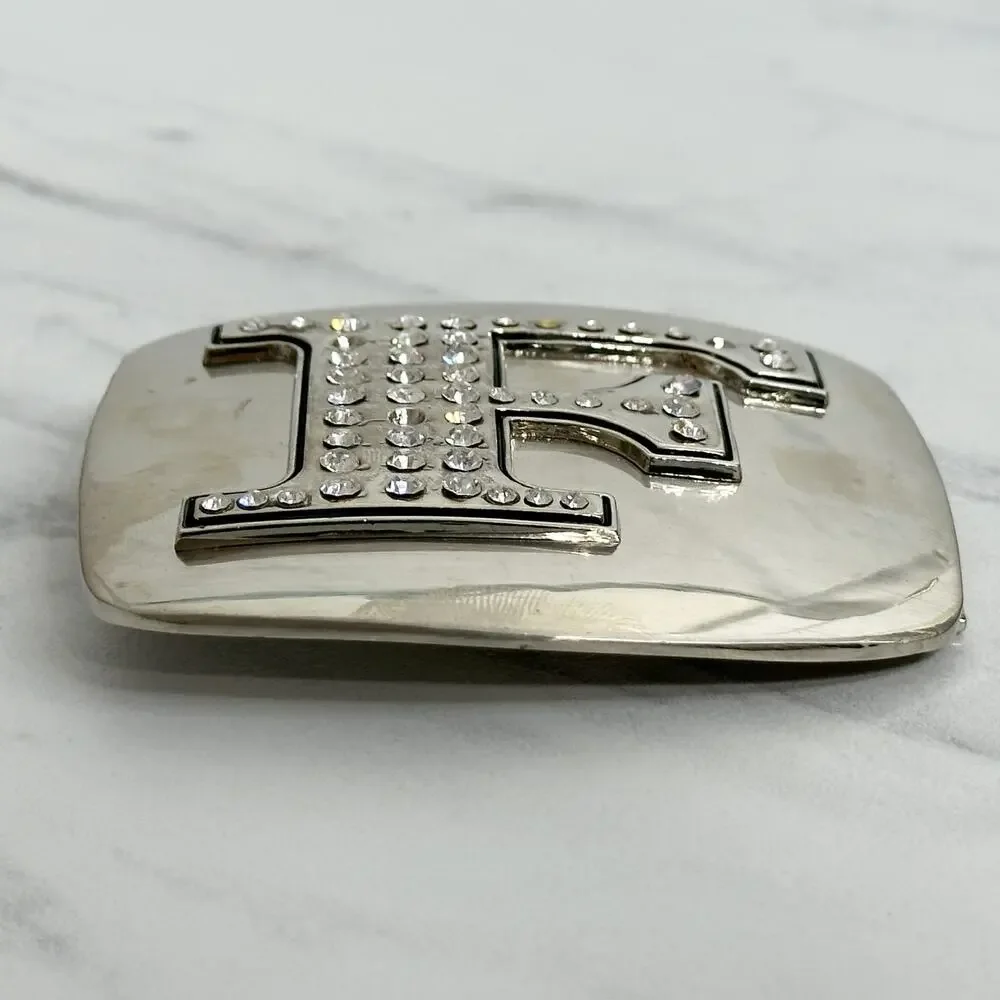 Rhinestone Studded F Letter Initial Monogram Silver Tone Belt Buckle